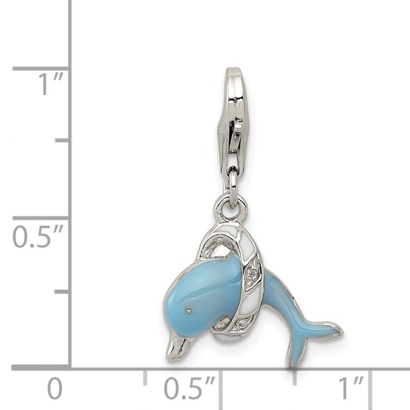 925 Sterling Silver Enameled Mini Small Dolphin with Lobster Clasp Charm Pendant - Picture 3 of 4